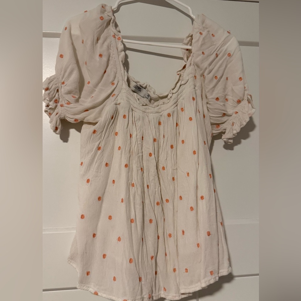 Greylin Cream Puff Sleeve Blouse with Orange Dot Embroidery